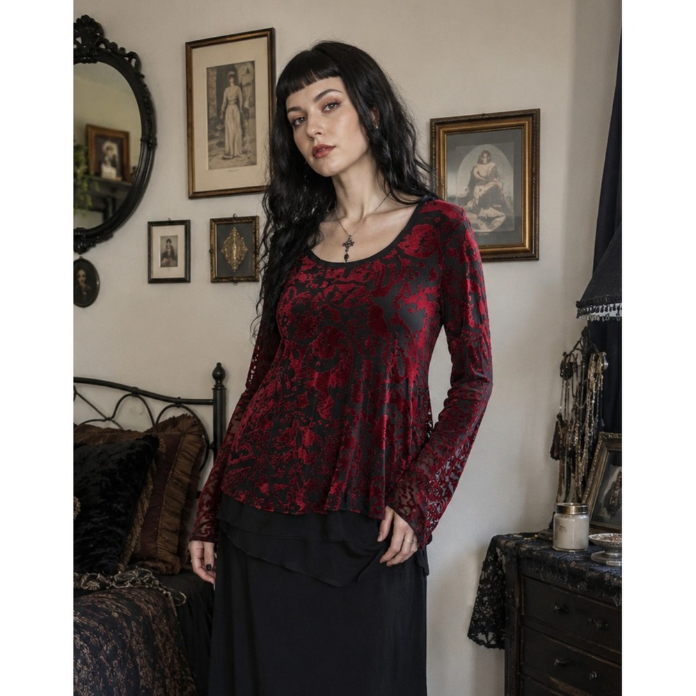 Simply Vera Wang Burnout Velvet Top XL Whimsigoth Gothic Sheer Chiffon Hem Black